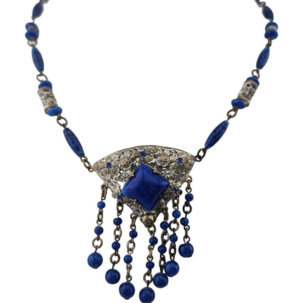 Antique Signed Czechoslovakia Lapis Glass Dangle Necklace (A3331)